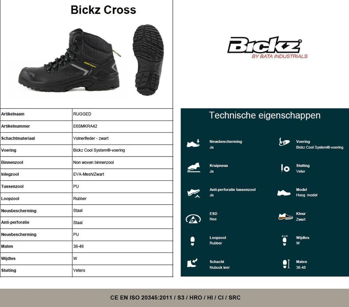 Bata Bickz 2 werkschoenen - Rugged - S3 - maat 42 W - hoog